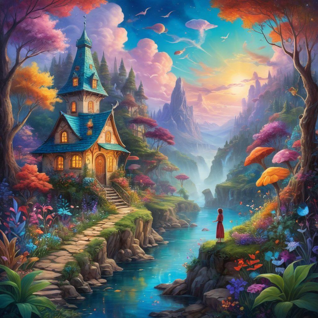 A dreamy, whimsical landscape filled with colorful fantasy creatures and enchanting figures creating art together, surrounded by vibrant hues of magic and inspiration. In the foreground, artists of diverse backgrounds are enchantingly collaborating, painting on large canvases. Ethereal lights and whimsical plants weave throughout the scene, evoking a sense of wonder and community. The sky is a blend of playful colors, suggesting the spirit of creativity. painterly style, vibrant colors, magical realism.