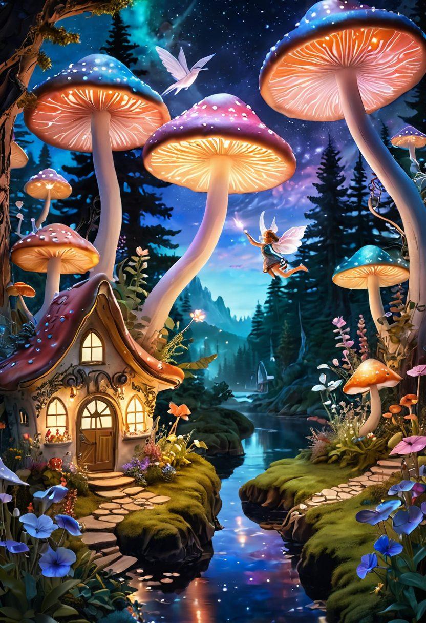 A whimsical pixie world filled with vibrant, oversized mushrooms, sparkling fairy lights, and lush greenery, showcasing a dreamlike landscape where fantasy creations bloom. In the foreground, an artist paints a scene on a canvas that depicts glimmering pixies in flight, their iridescent wings reflecting the colors of the enchanting environment. The sky above is painted with soft pastels of dawn, enhancing the magical atmosphere. surrealism. vibrant colors. 3D.