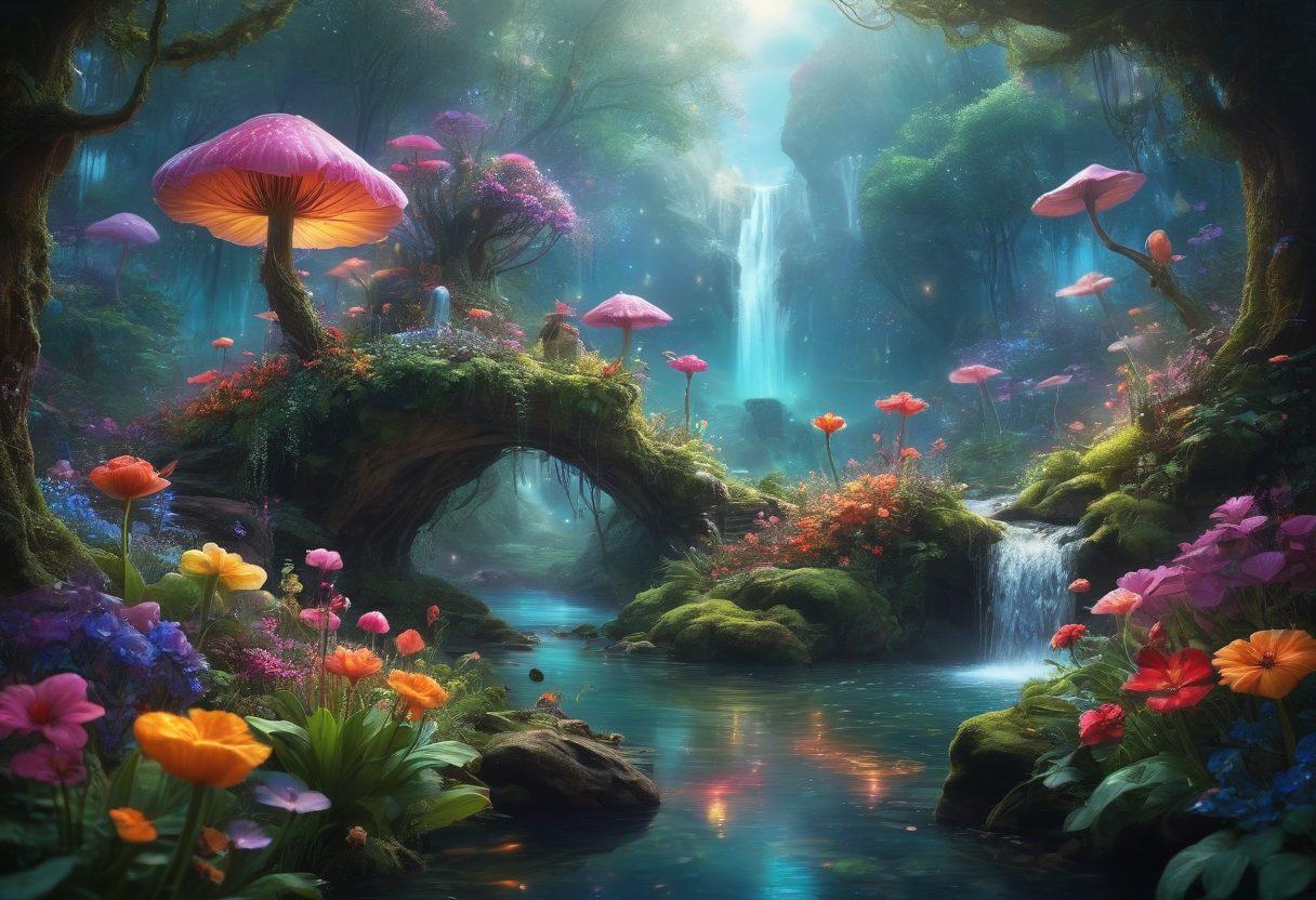 A whimsical landscape filled with vibrant, colorful pixies dancing amidst oversized flowers and glittering fairy dust. The background features a lush forest shrouded in a soft mist and magical sparkling lights, creating an enchanting atmosphere. Include fantastical creatures and imaginative elements like floating islands and shimmering waterfalls to ignite creativity. Emphasize the dreamy quality with soft, glowing effects. vibrant colors. super-realistic.